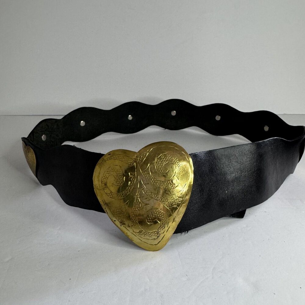 Anthropologie Z&L Europe Black Leather Gold Heart Concho Western Belt Hook Boho